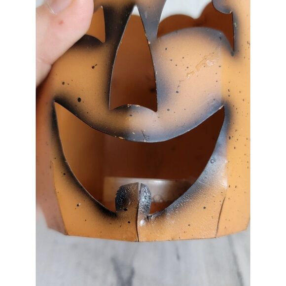 Tin tea light holder AS IS speckled Jack O'Lantern Halloween - Picture 3 of 10